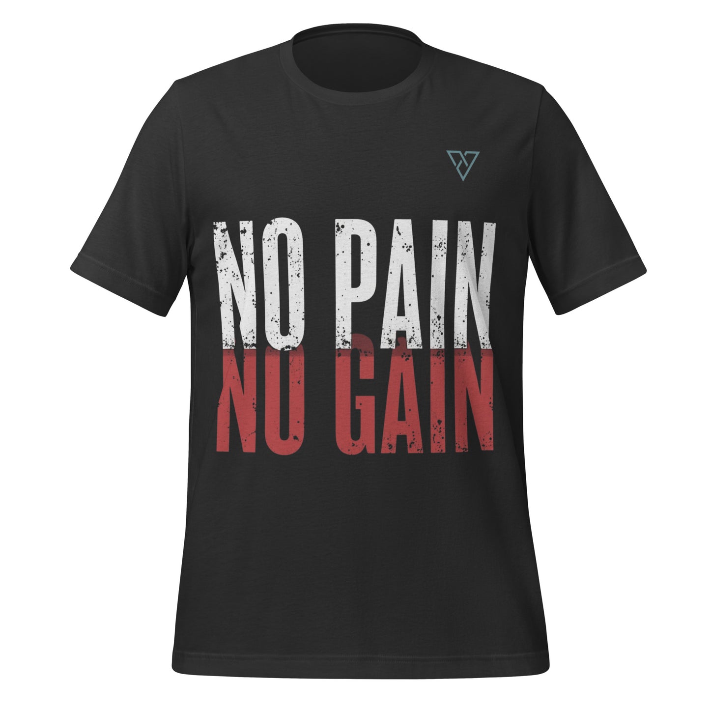 dark grey t-shirt front view with bold No Pain No Gain text design in white and red on chest isolated on light background