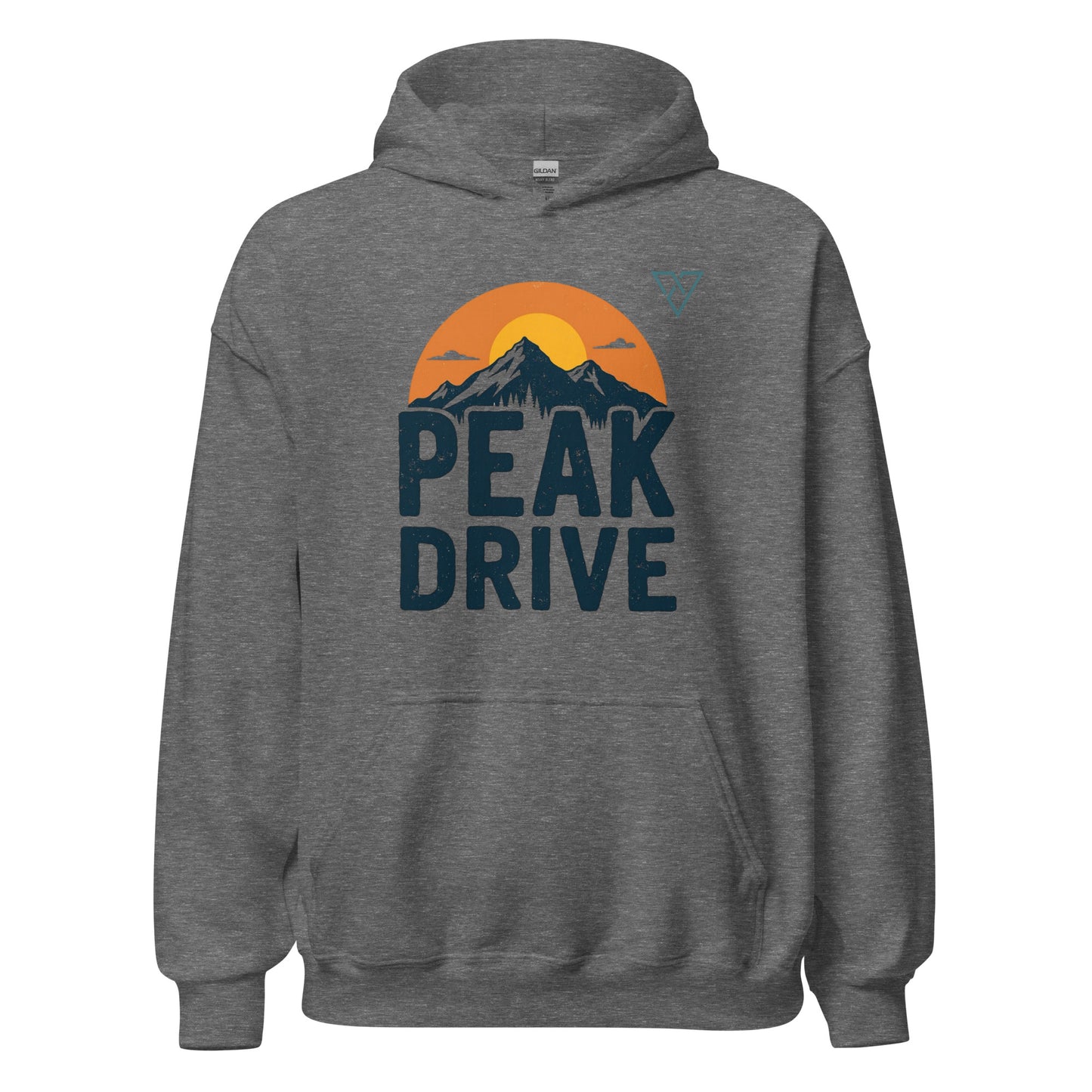 graphite grey hoodie with PEAK DRIVE mountain design, HorizonVibe men’s outdoor hoodie front view, minimalist adventure style