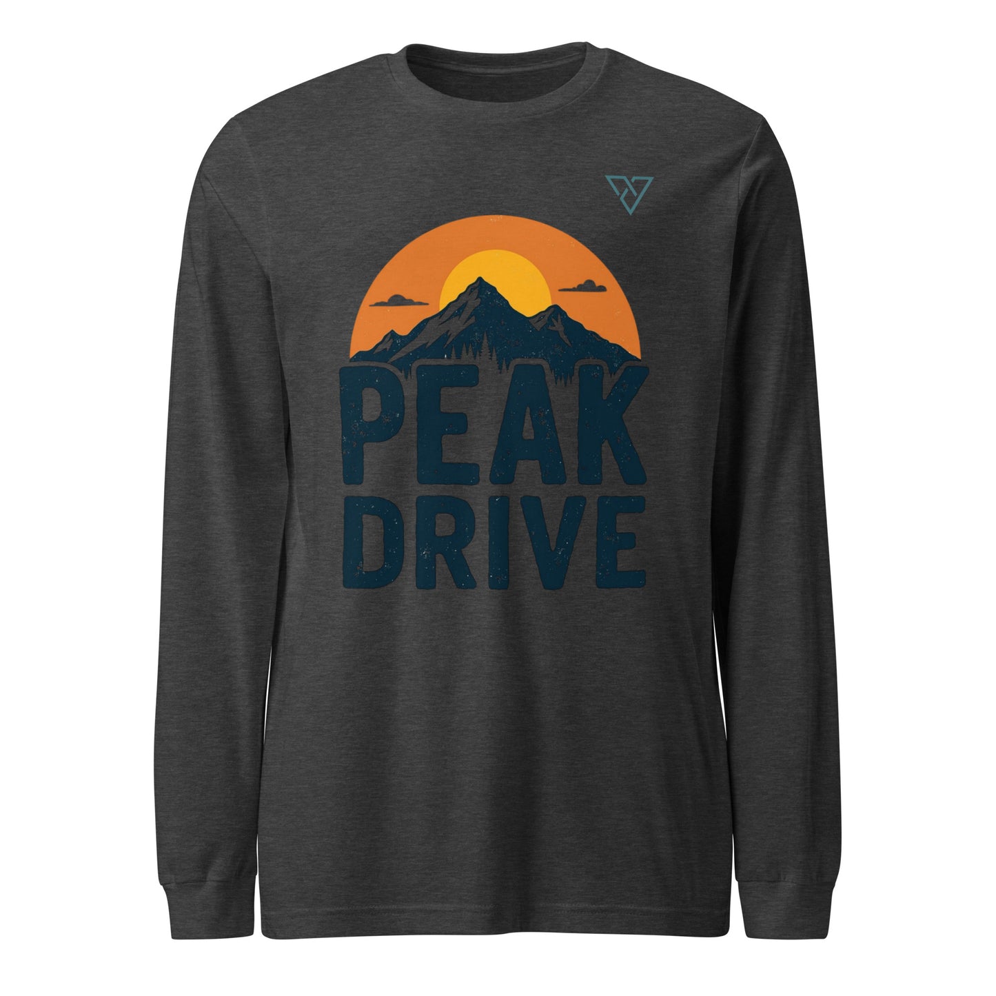 dark grey long sleeve hiking t-shirt with PEAK DRIVE mountain design, HorizonVibe men’s outdoor apparel front view, minimalist adventure style