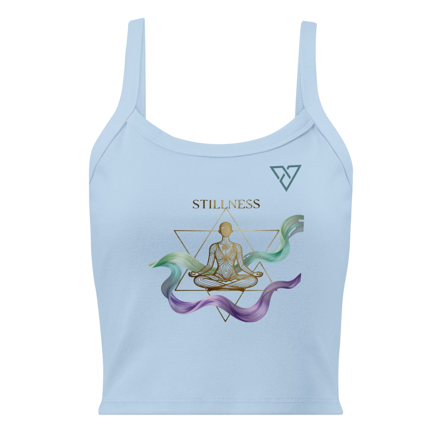 HorizonVibe baby blue micro rib tank top front view with gold meditation design and flowing zen elements