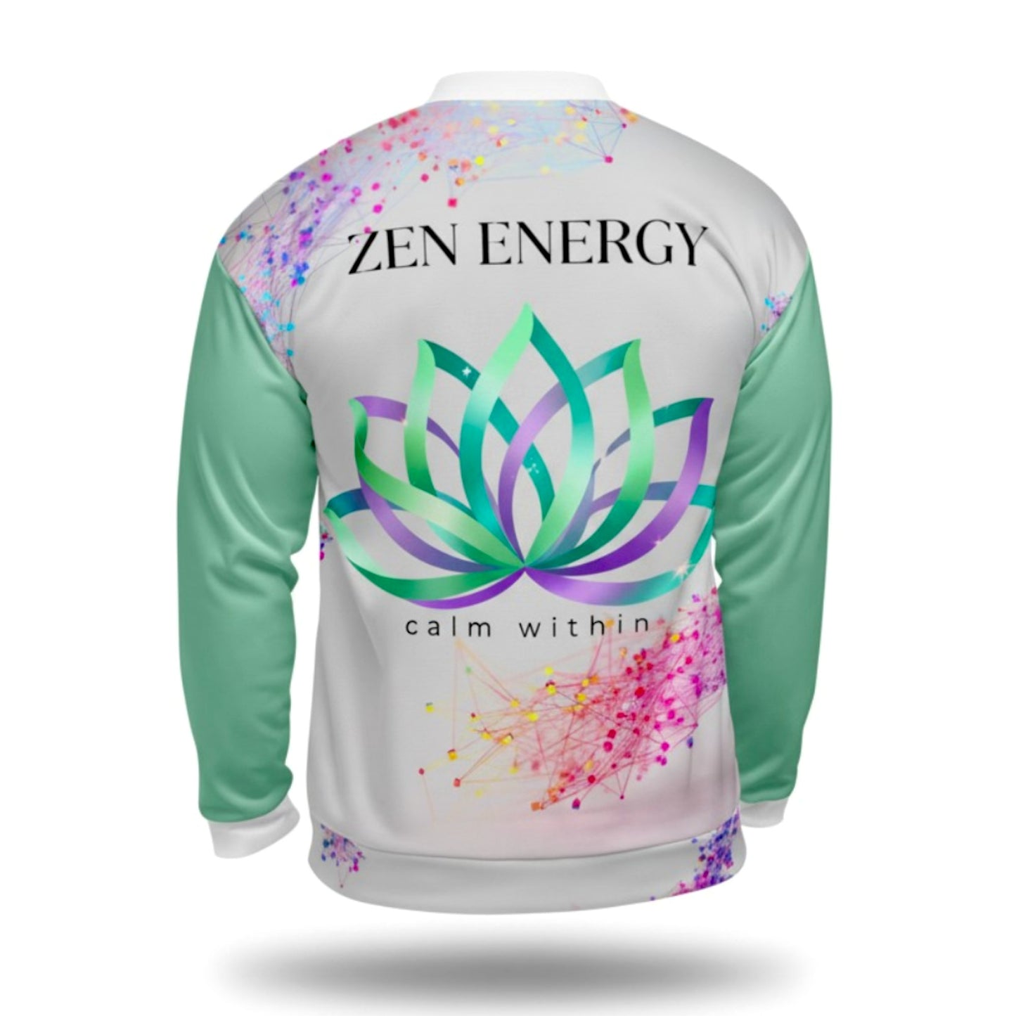 HorizonVibe white bomber jacket back view with large lotus zen energy design and abstract splash details with mint sleeves