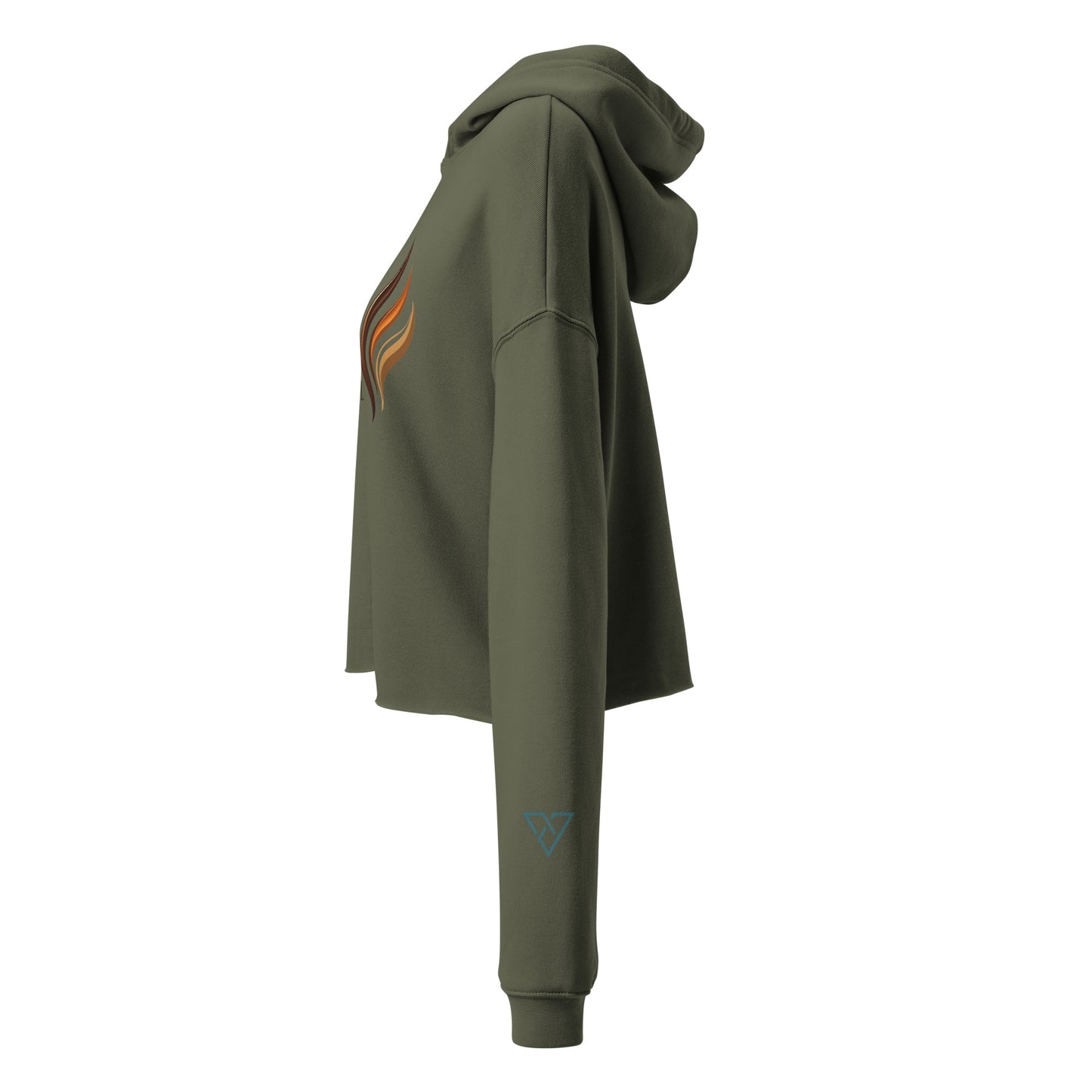 Side view of HorizonVibe Mindful Brew military green cropped hoodie for women, minimalist coffee graphic on white background