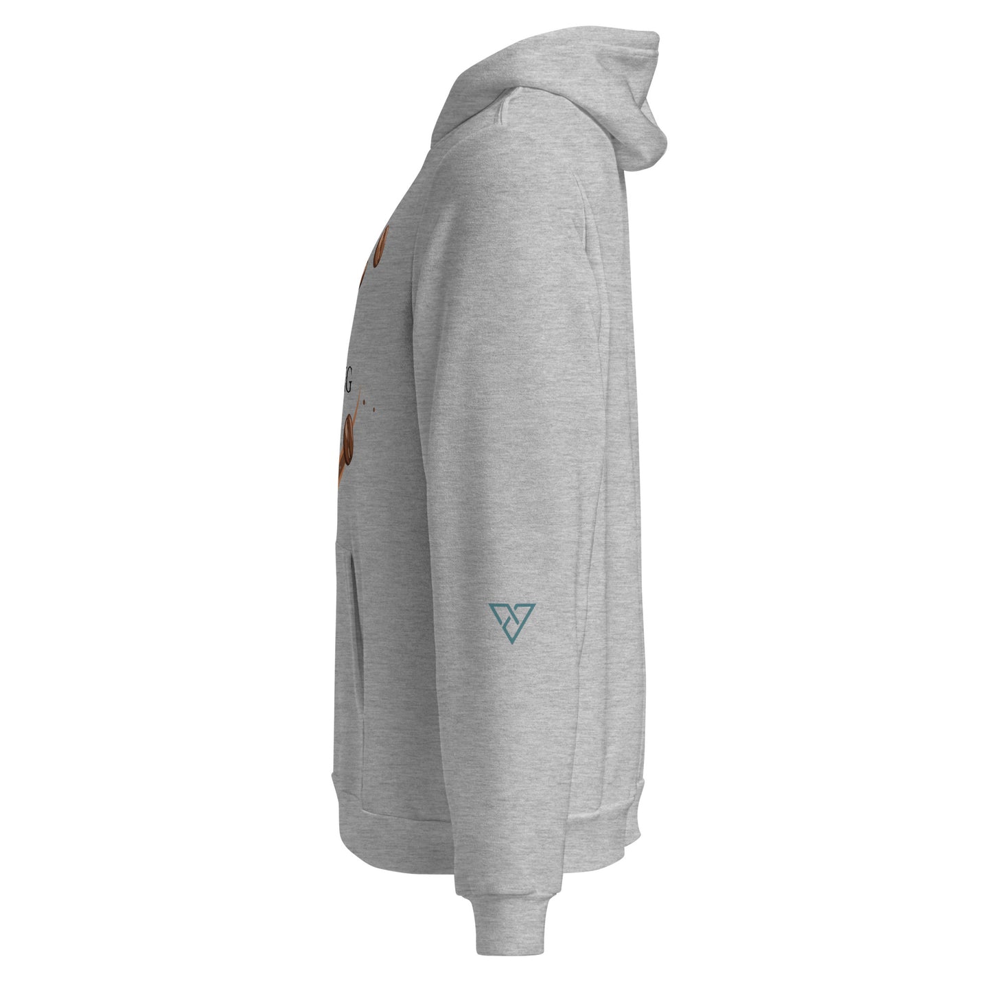 Women's HorizonVibe Slow Morning coffee hoodie in heather gray, side view on white background, minimalist design
