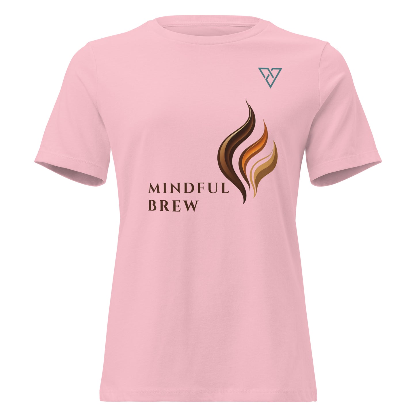 Pink Women's Relaxed T-Shirt featuring the HorizonVibe Mindful Brew coffee-inspired graphic with minimalist artwork and chest logo.