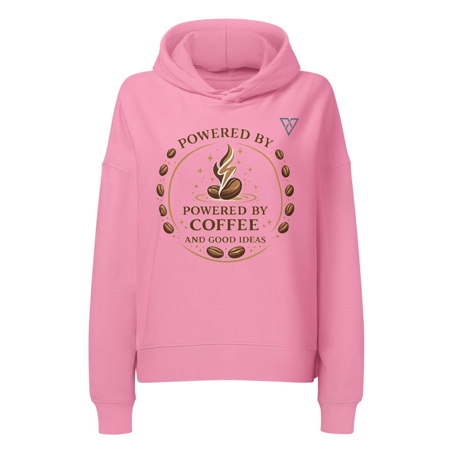 front view of pink hoodie with Powered by Coffee design, minimal coffee graphic, HorizonVibe