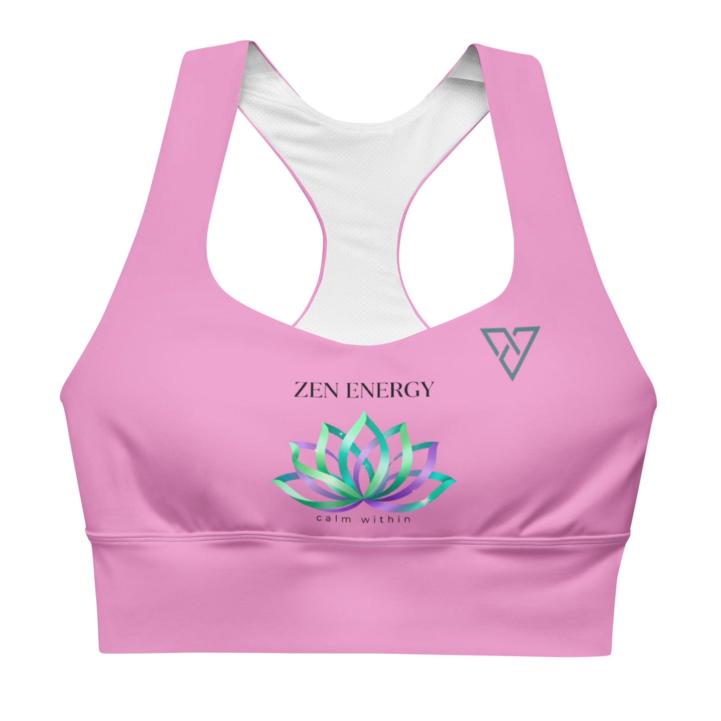 front view of pink Zen Energy sports bra with minimalist HorizonVibe logo, clean product mockup