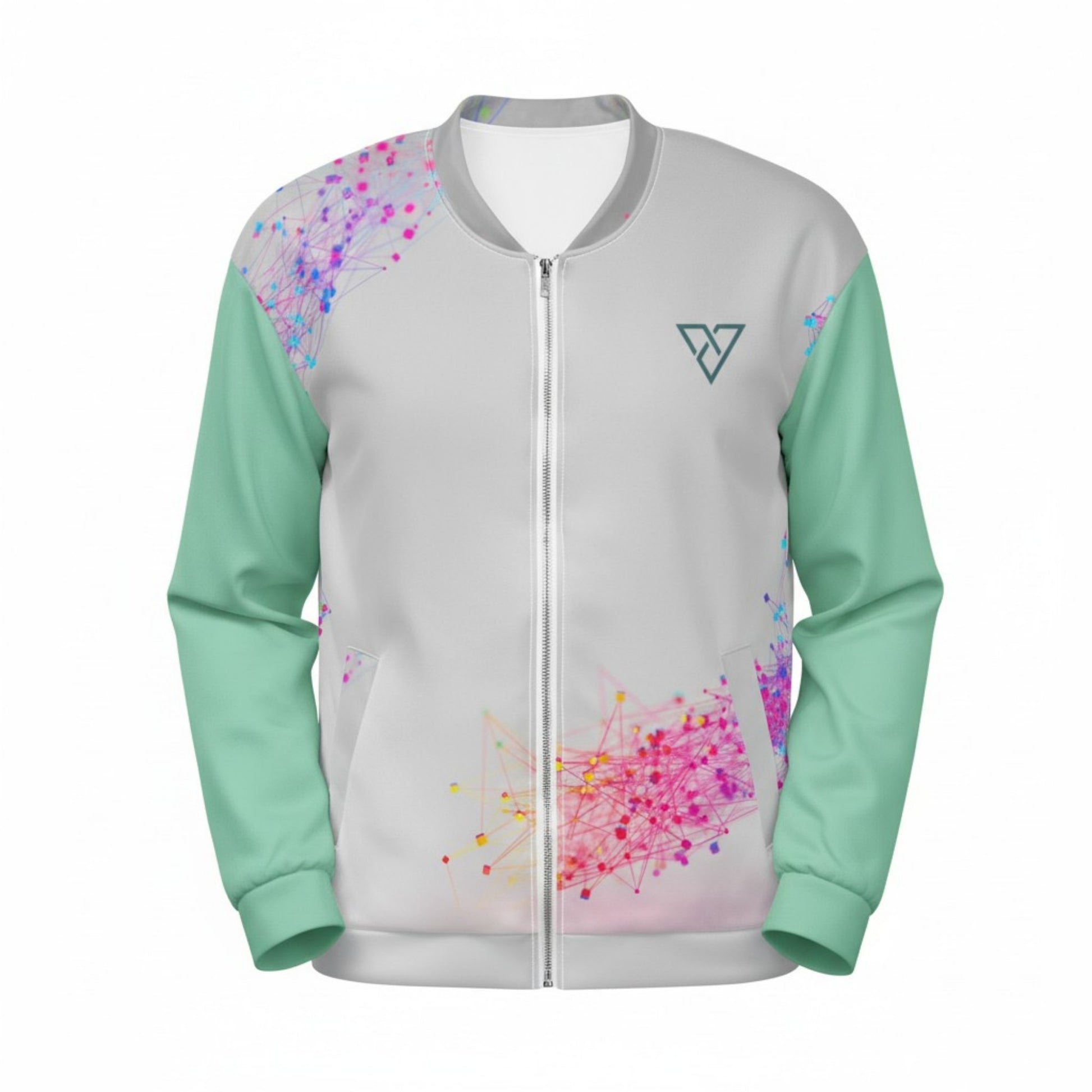 Light gray bomber jacket with colorful abstract design and mint green sleeves, HorizonVibe Zen collection