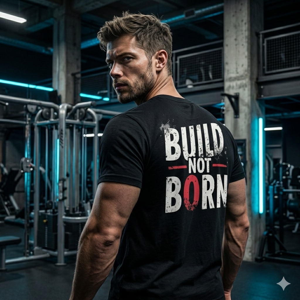muscular man wearing black Build Not Born gym t-shirt with bold back print in modern industrial gym intense workout atmosphere