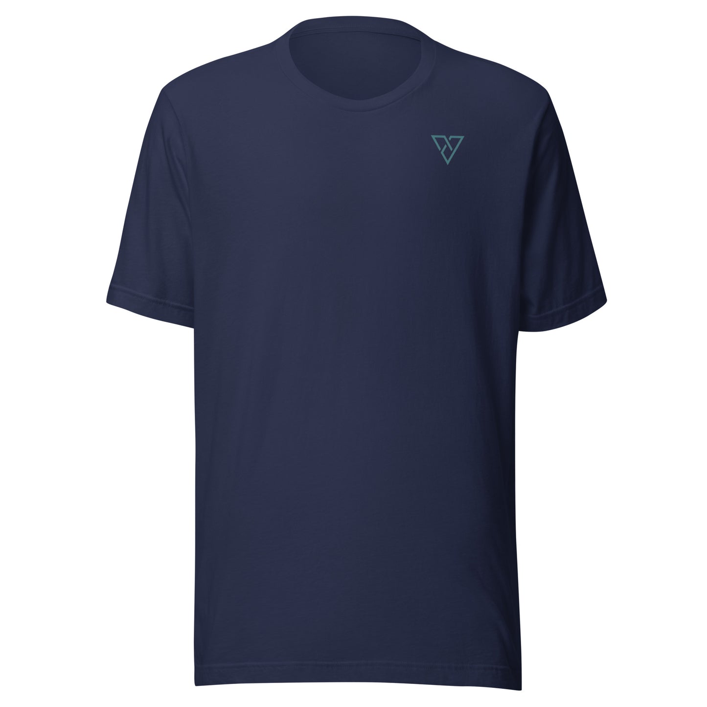 navy gym t-shirt front view with minimal small logo design on chest