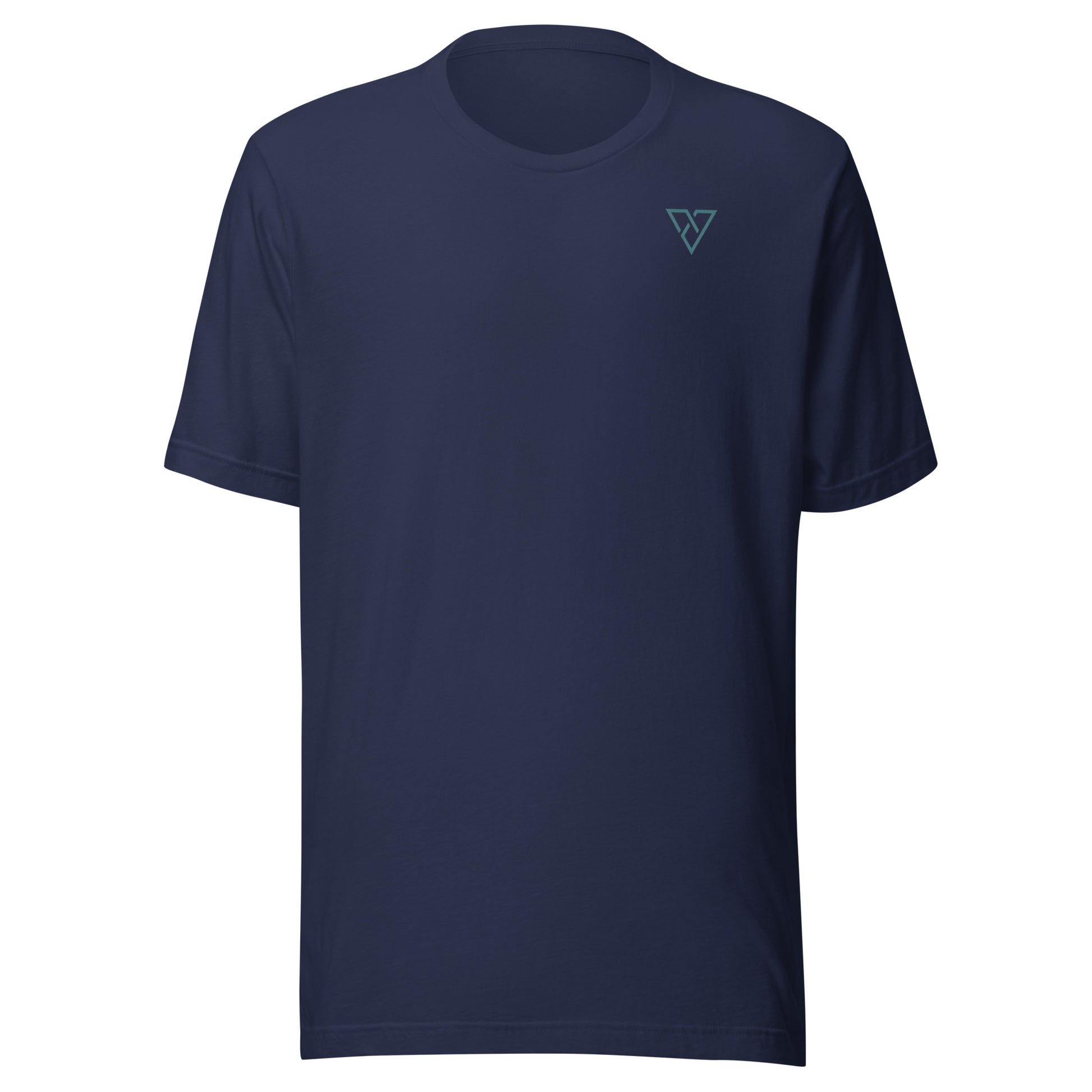 navy gym t-shirt front view with minimal small logo design on chest