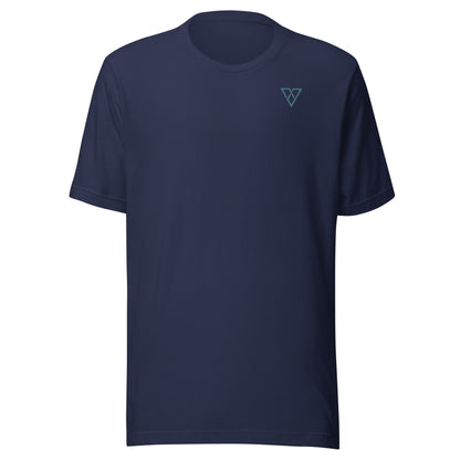 navy gym t-shirt front view with minimal small logo design on chest