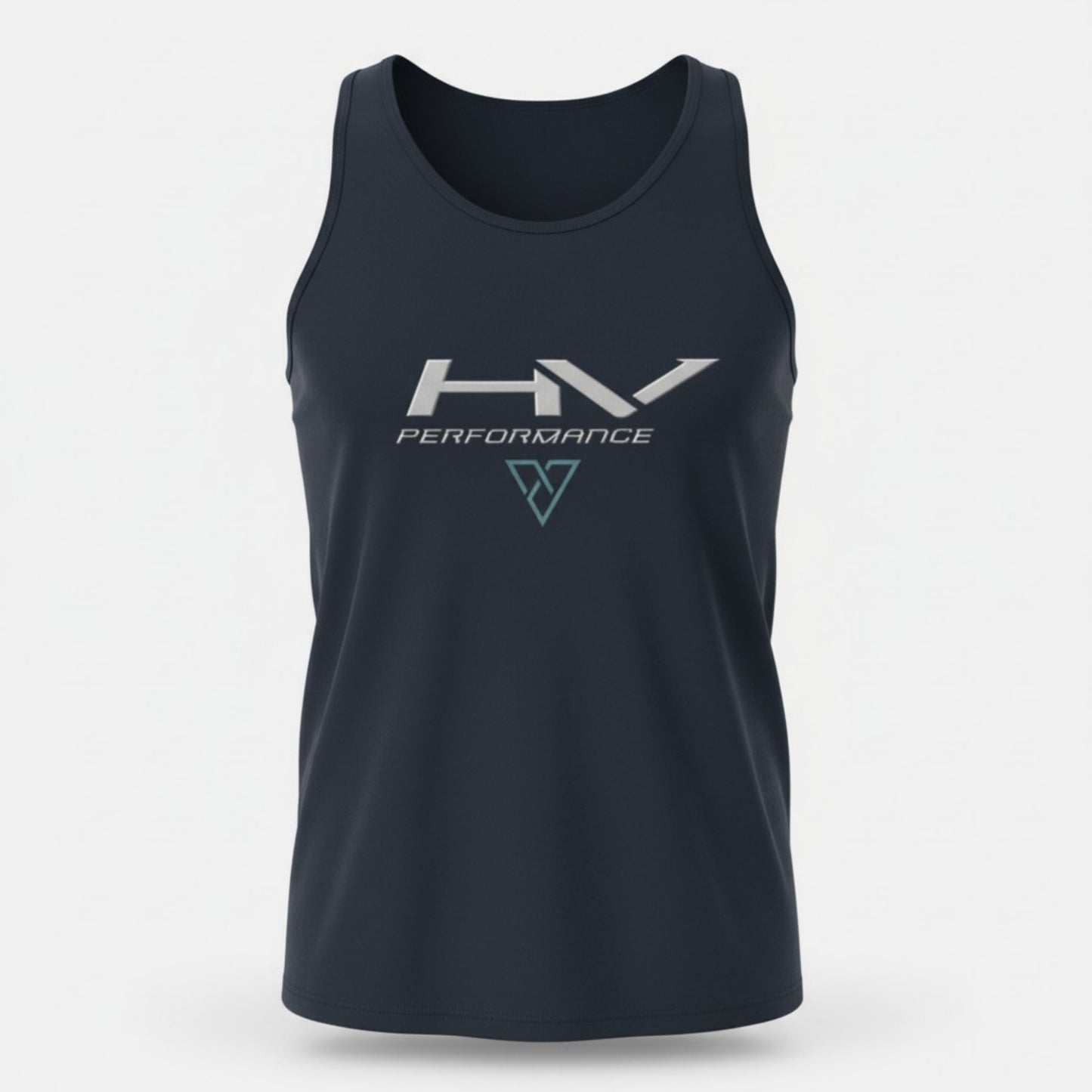 black HV Performance tank top front view with minimalist logo on chest isolated on light background