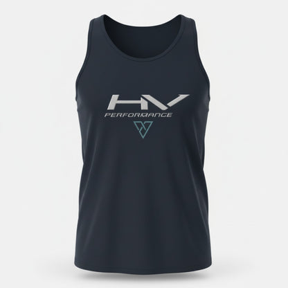 black HV Performance tank top front view with minimalist logo on chest isolated on light background