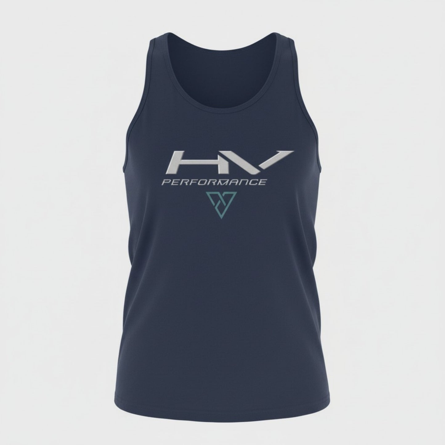 navy HV Performance tank top front view with minimalist logo design on chest for gym training