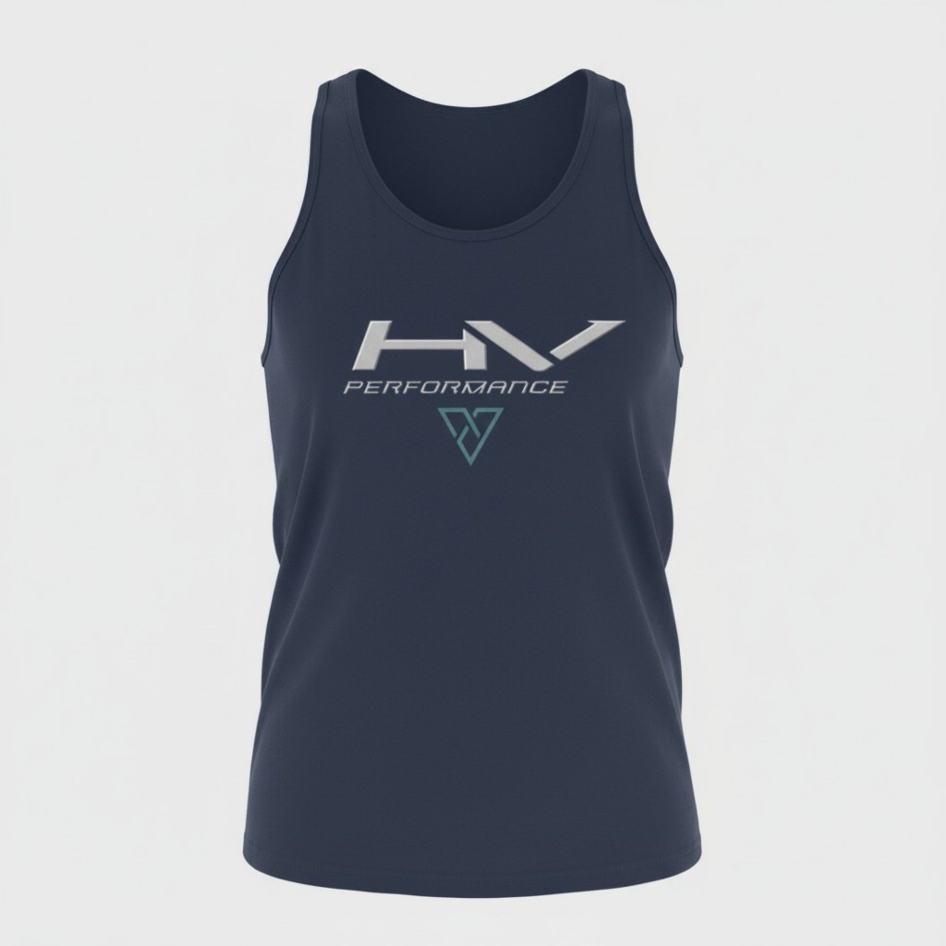navy HV Performance tank top front view with minimalist logo design on chest for gym training