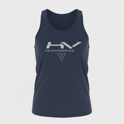 navy HV Performance tank top front view with minimalist logo design on chest for gym training