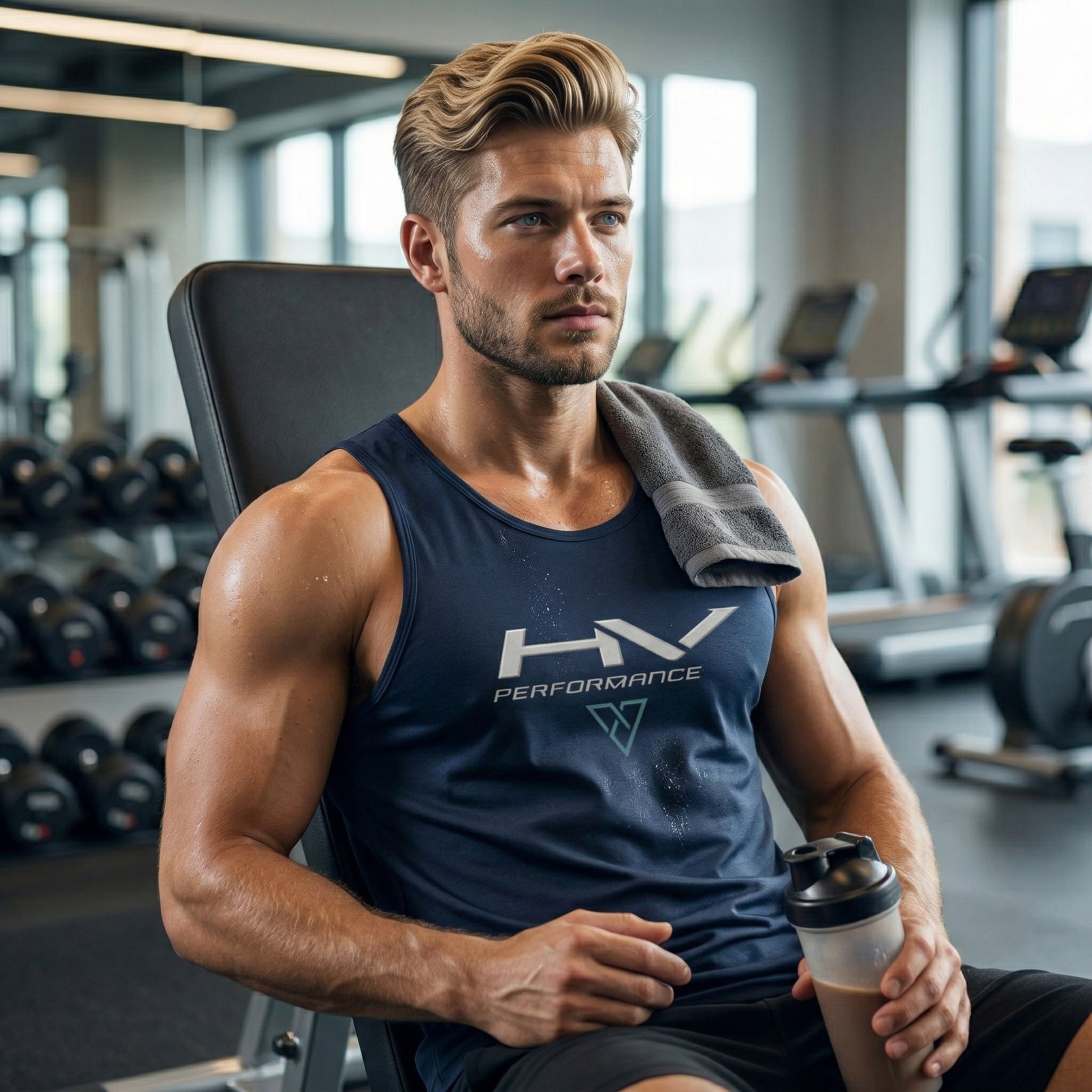 young athletic man sitting in gym wearing navy HV Performance tank top with logo on chest holding shaker bottle
