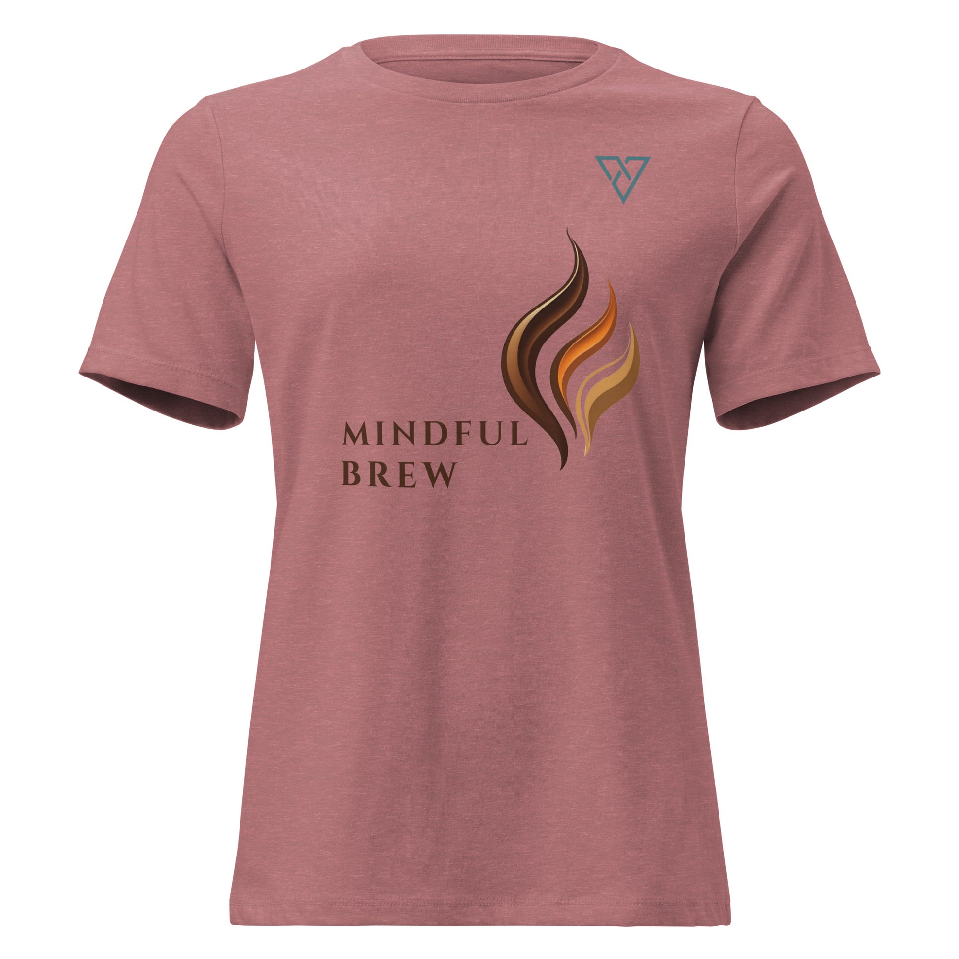 Heather Mauve Women's Relaxed T-Shirt featuring the HorizonVibe Mindful Brew coffee-inspired graphic with minimalist artwork and chest logo.