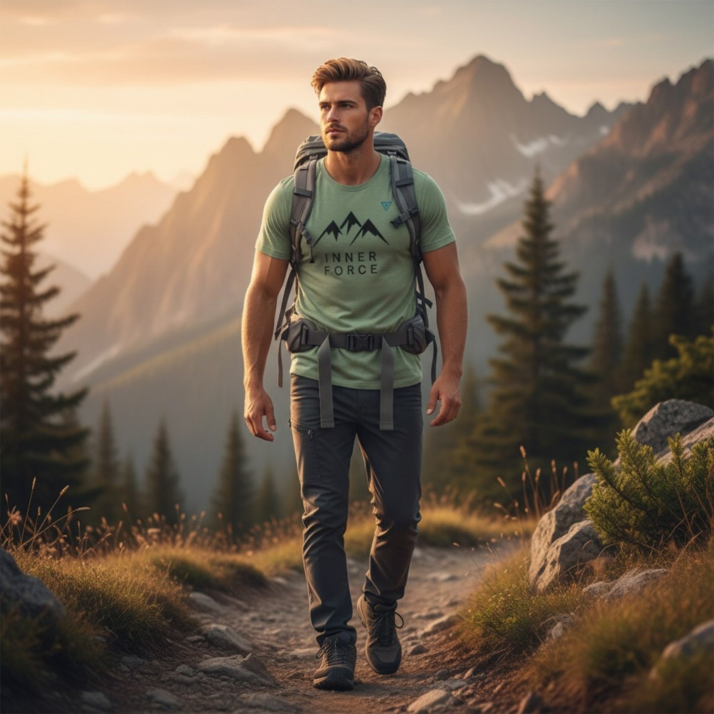 man hiking on a mountain trail wearing green INNER FORCE t-shirt, HorizonVibe men’s outdoor apparel lifestyle shot with mountains and pine trees background