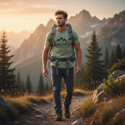 man hiking on a mountain trail wearing green INNER FORCE t-shirt, HorizonVibe men’s outdoor apparel lifestyle shot with mountains and pine trees background