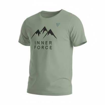 green hiking t-shirt with mountain graphic and INNER FORCE text, HorizonVibe men’s outdoor apparel front view