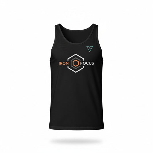 black Iron Focus tank top front view with geometric logo design on chest isolated on light background