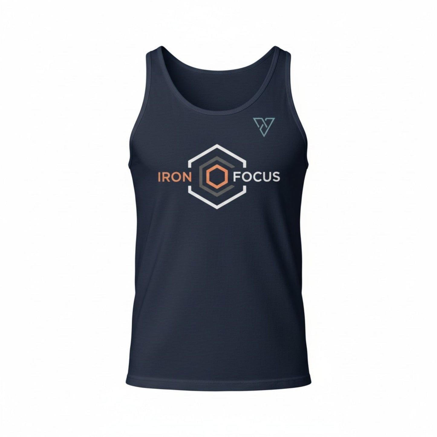navy Iron Focus tank top front view with geometric logo on chest isolated on light background