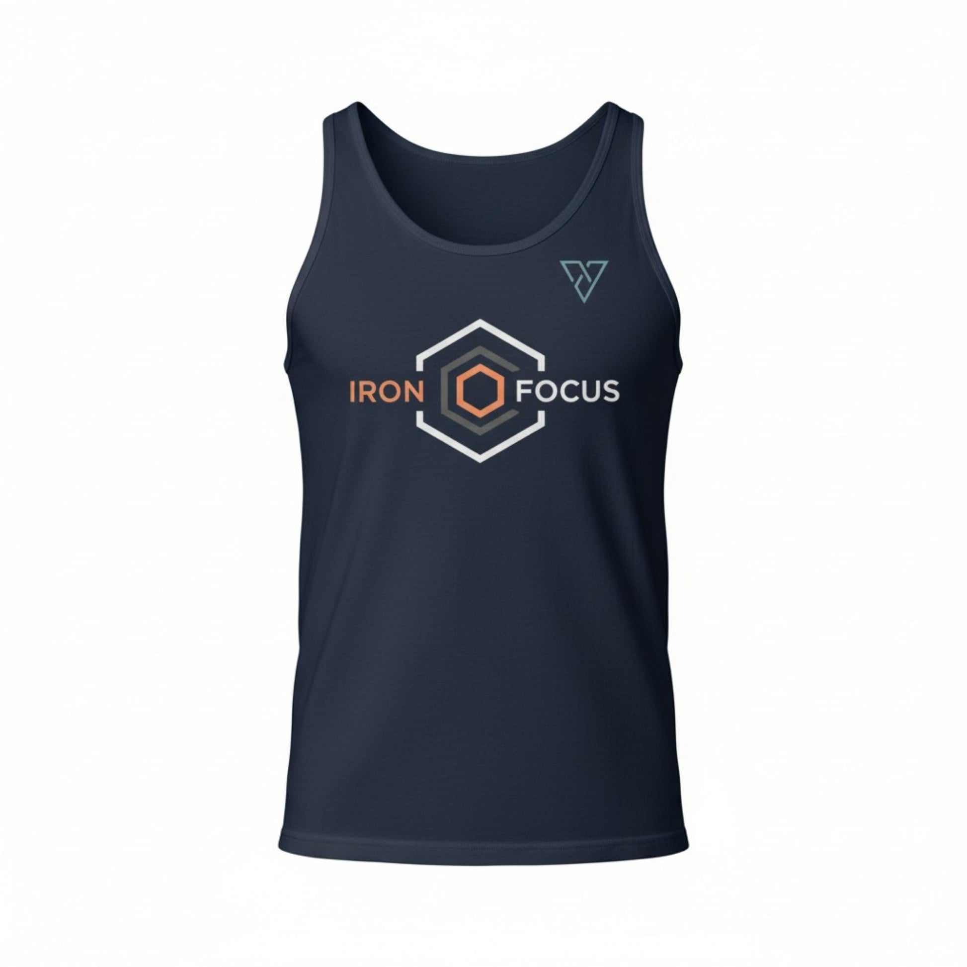 navy Iron Focus tank top front view with geometric logo on chest isolated on light background