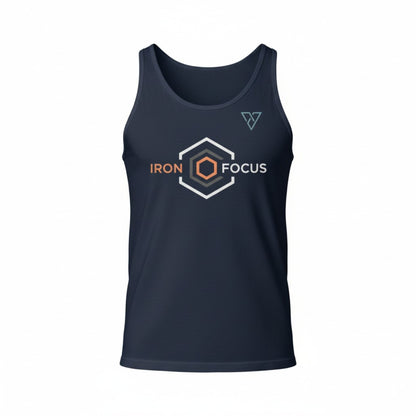 navy Iron Focus tank top front view with geometric logo on chest isolated on light background