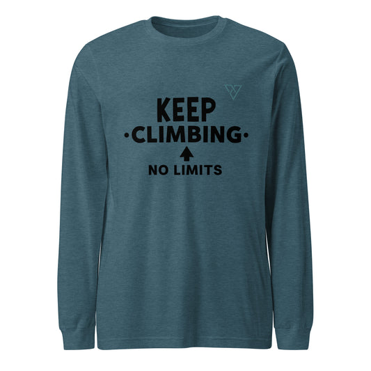 deep teal long sleeve hiking t-shirt with KEEP CLIMBING NO LIMITS text, HorizonVibe men’s outdoor apparel front view
