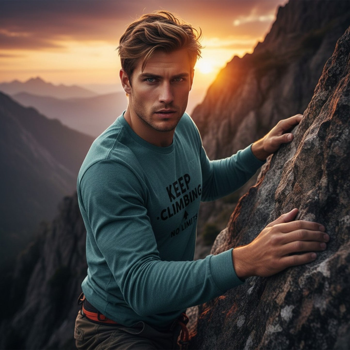 man climbing a mountain at sunset wearing deep teal KEEP CLIMBING long sleeve t-shirt, HorizonVibe men’s outdoor lifestyle scene