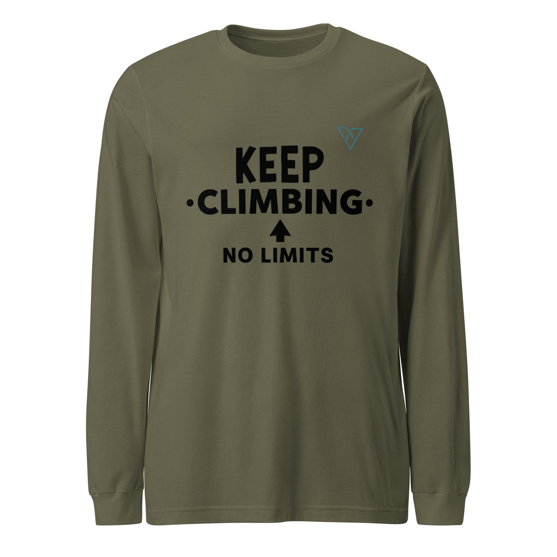 military green long sleeve hiking t-shirt with KEEP CLIMBING NO LIMITS text, HorizonVibe men’s outdoor apparel front view