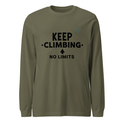 military green long sleeve hiking t-shirt with KEEP CLIMBING NO LIMITS text, HorizonVibe men’s outdoor apparel front view