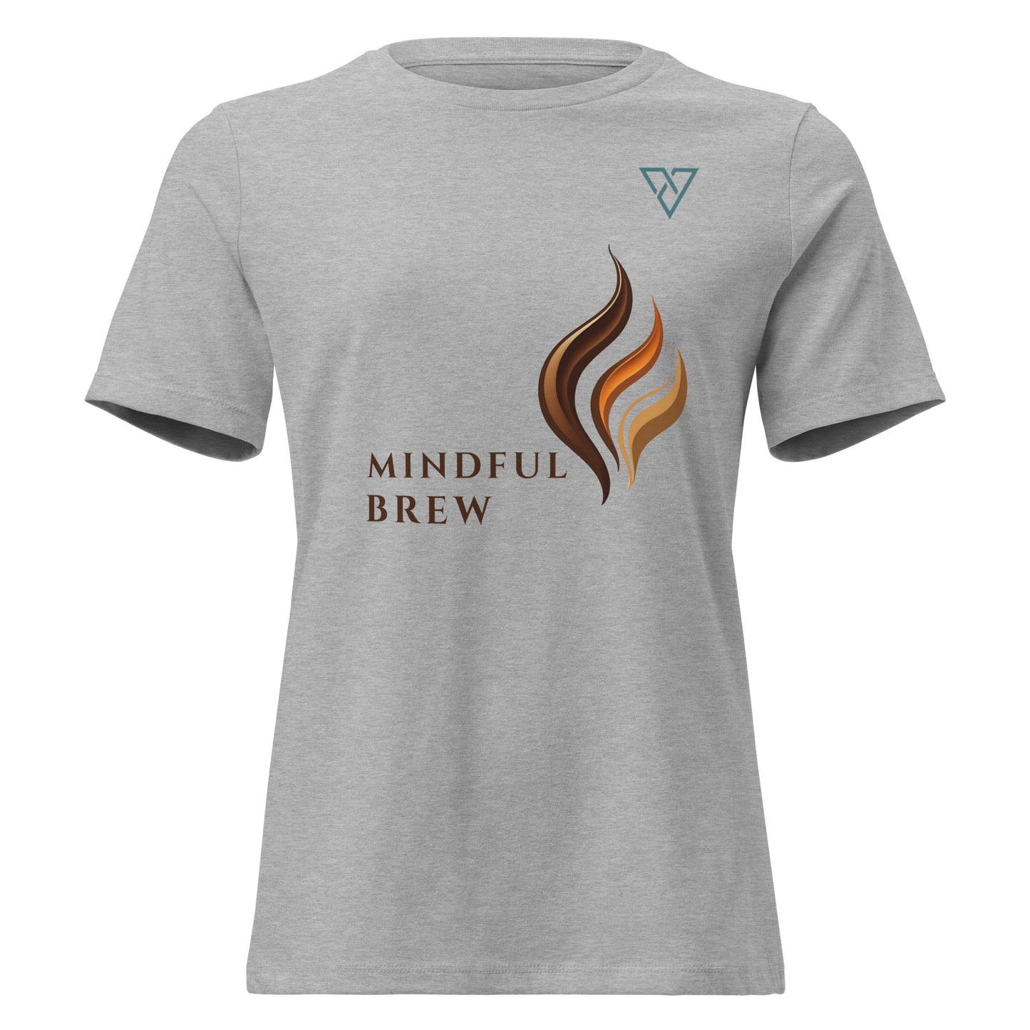 Woman wearing the HorizonVibe Mindful Brew Women's Relaxed T-Shirt in Heather Stone with minimalist coffee artwork and chest logo.