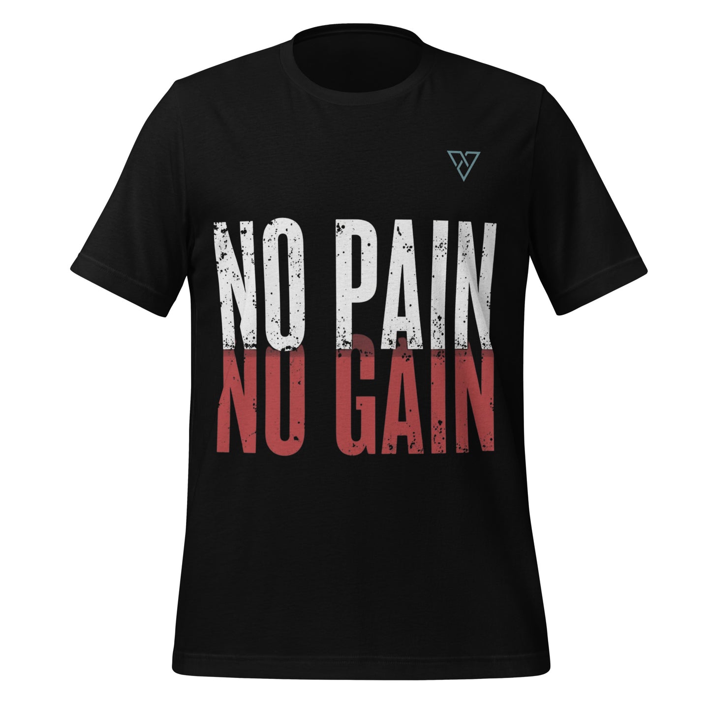 black t-shirt front view with bold No Pain No Gain text design in white and red on chest isolated on light background