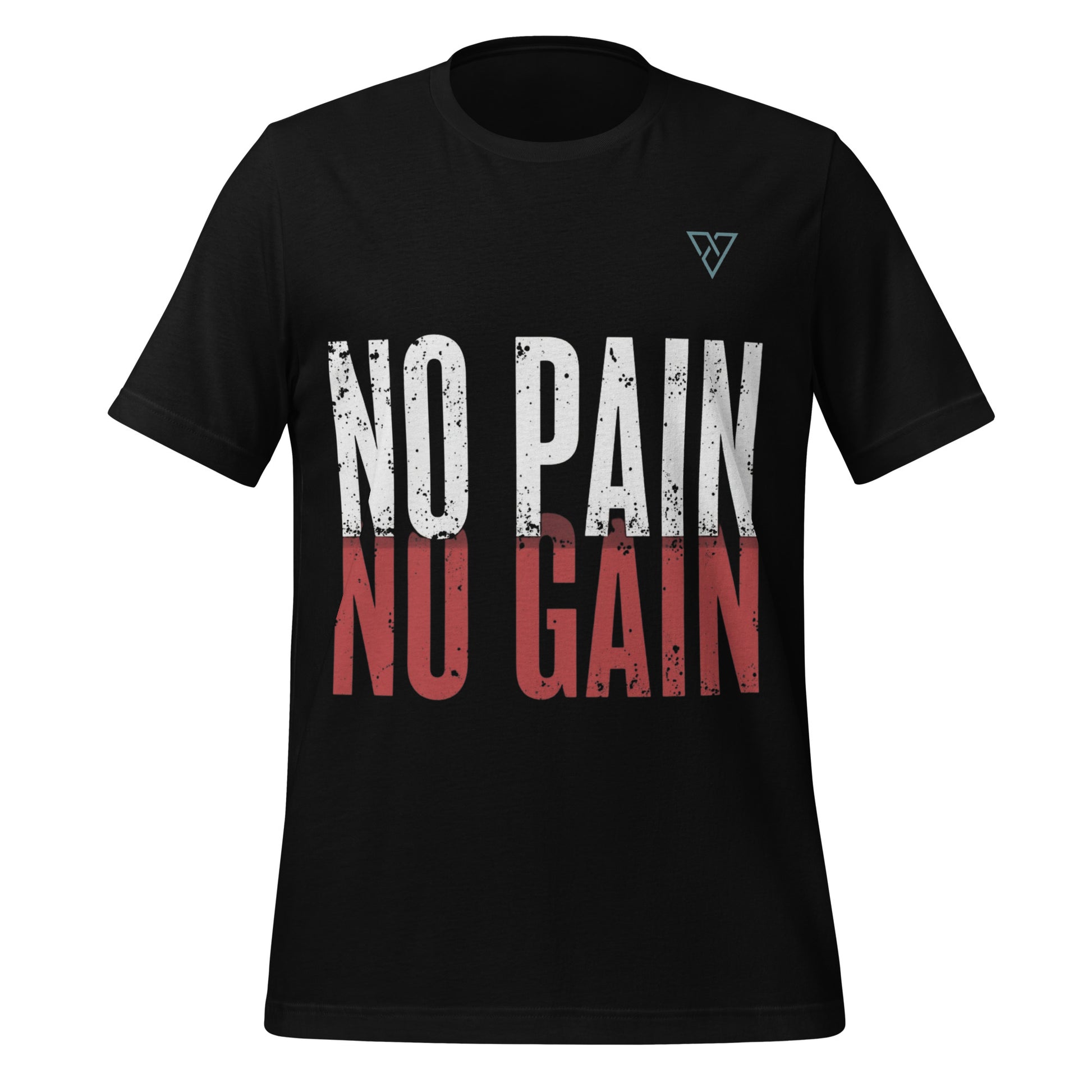 black t-shirt front view with bold No Pain No Gain text design in white and red on chest isolated on light background