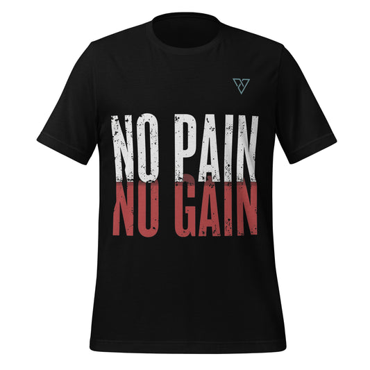 black t-shirt front view with bold No Pain No Gain text design in white and red on chest isolated on light background