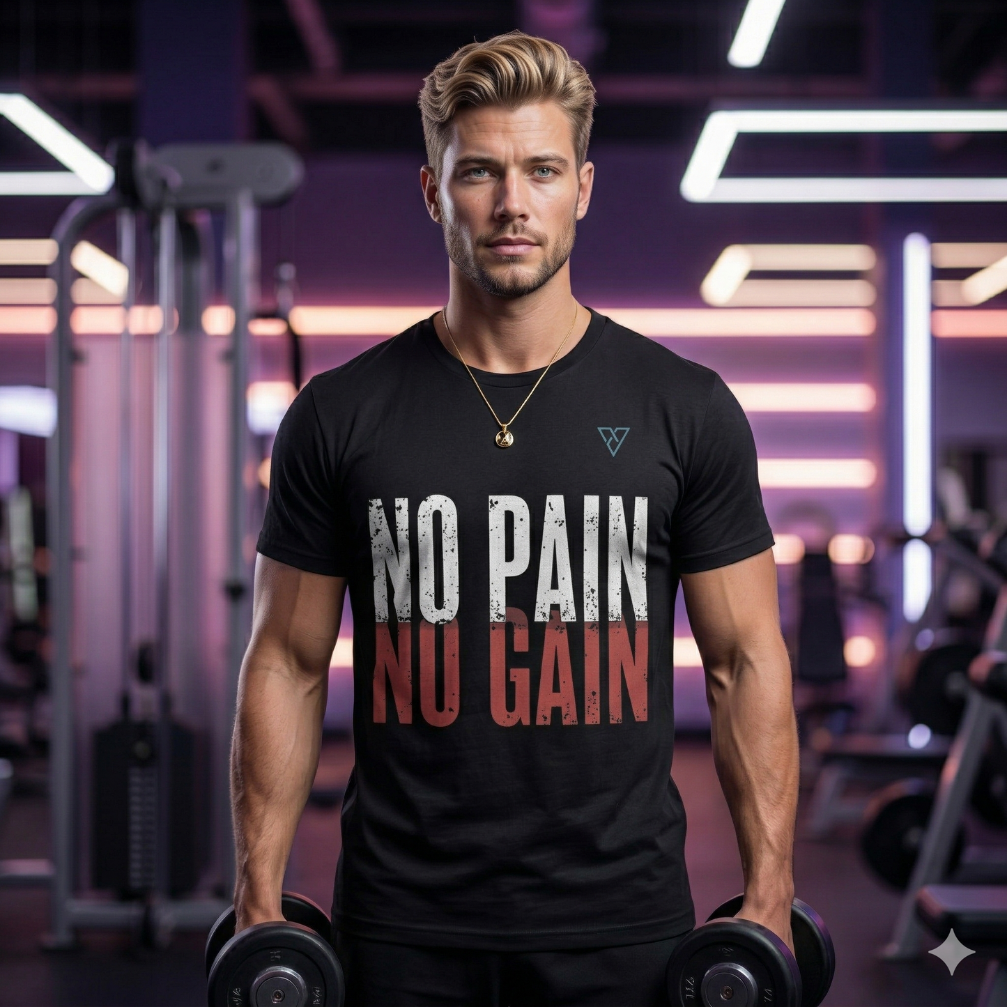 young athletic man holding dumbbells in modern gym wearing black No Pain No Gain t-shirt with bold white and red text design on chest
