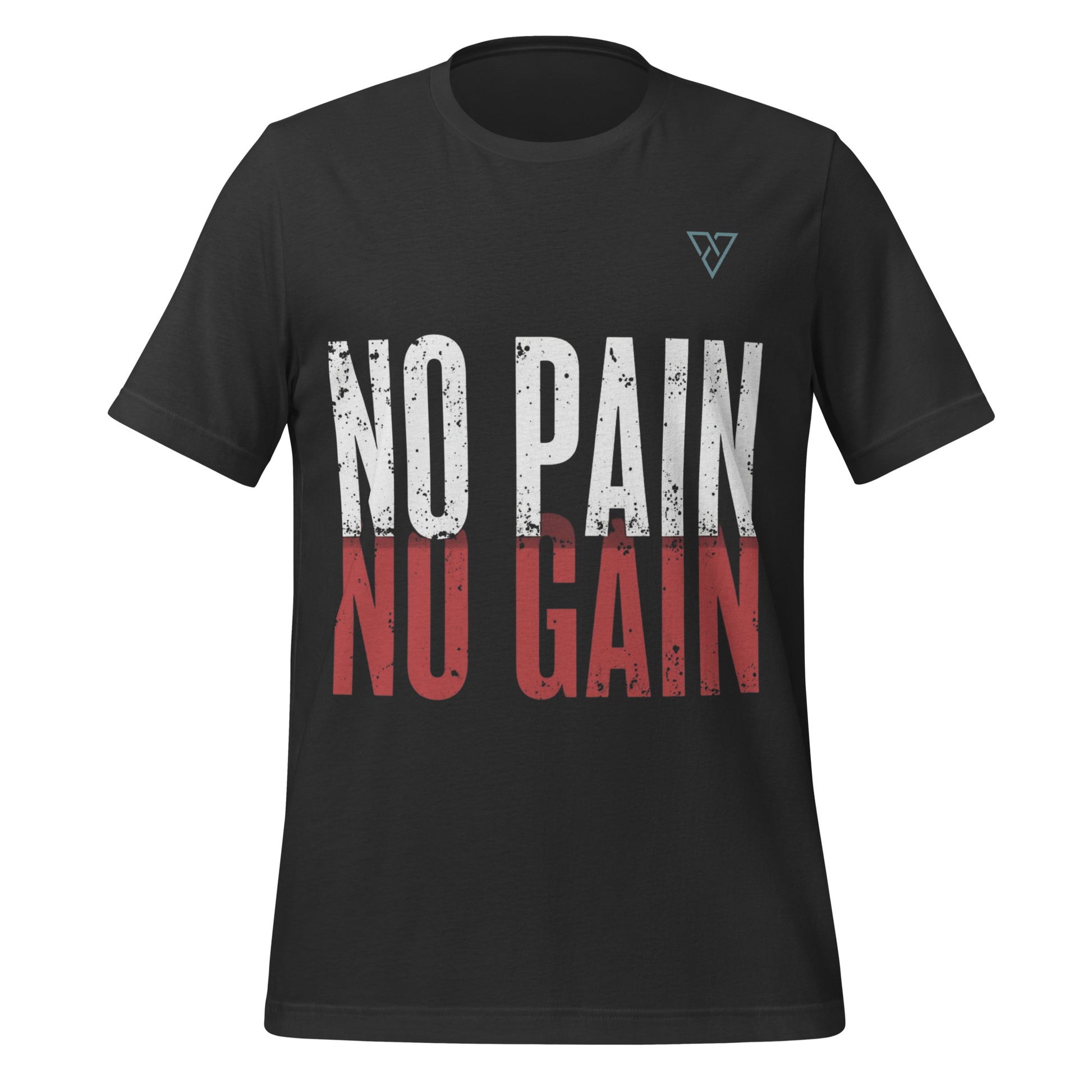 dark grey t-shirt front view with bold No Pain No Gain text design in white and red on chest isolated on light background