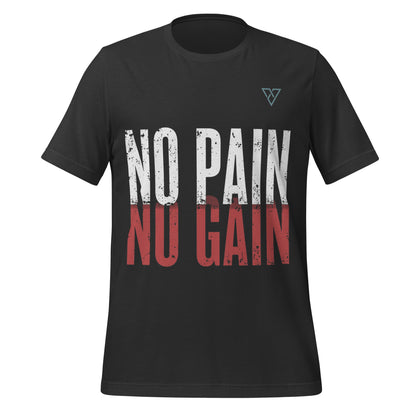 dark grey t-shirt front view with bold No Pain No Gain text design in white and red on chest isolated on light background