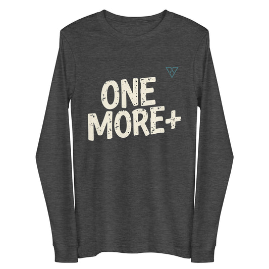 dark grey One More Plus long sleeve gym t-shirt front view with bold motivational text design