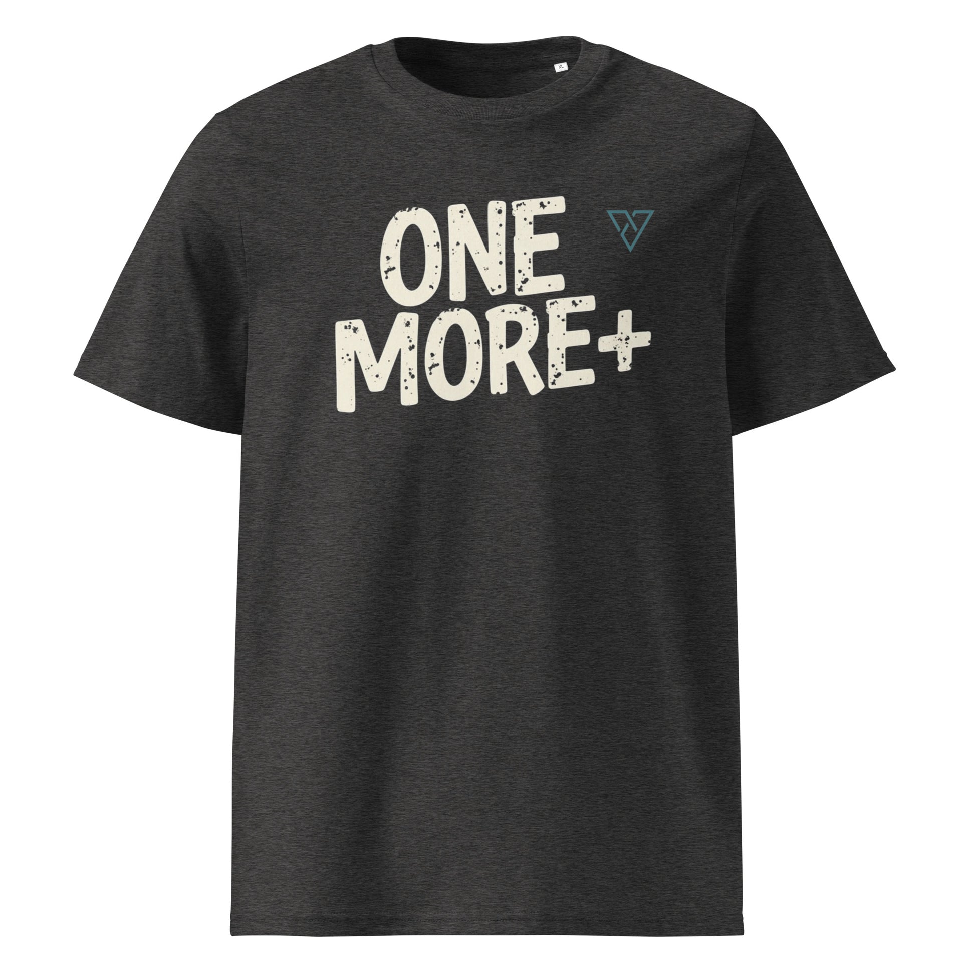 dark grey One More Plus performance gym t-shirt front view with bold motivational text design