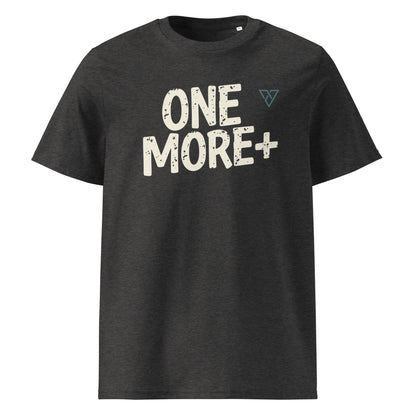 dark grey One More Plus performance gym t-shirt front view with bold motivational text design