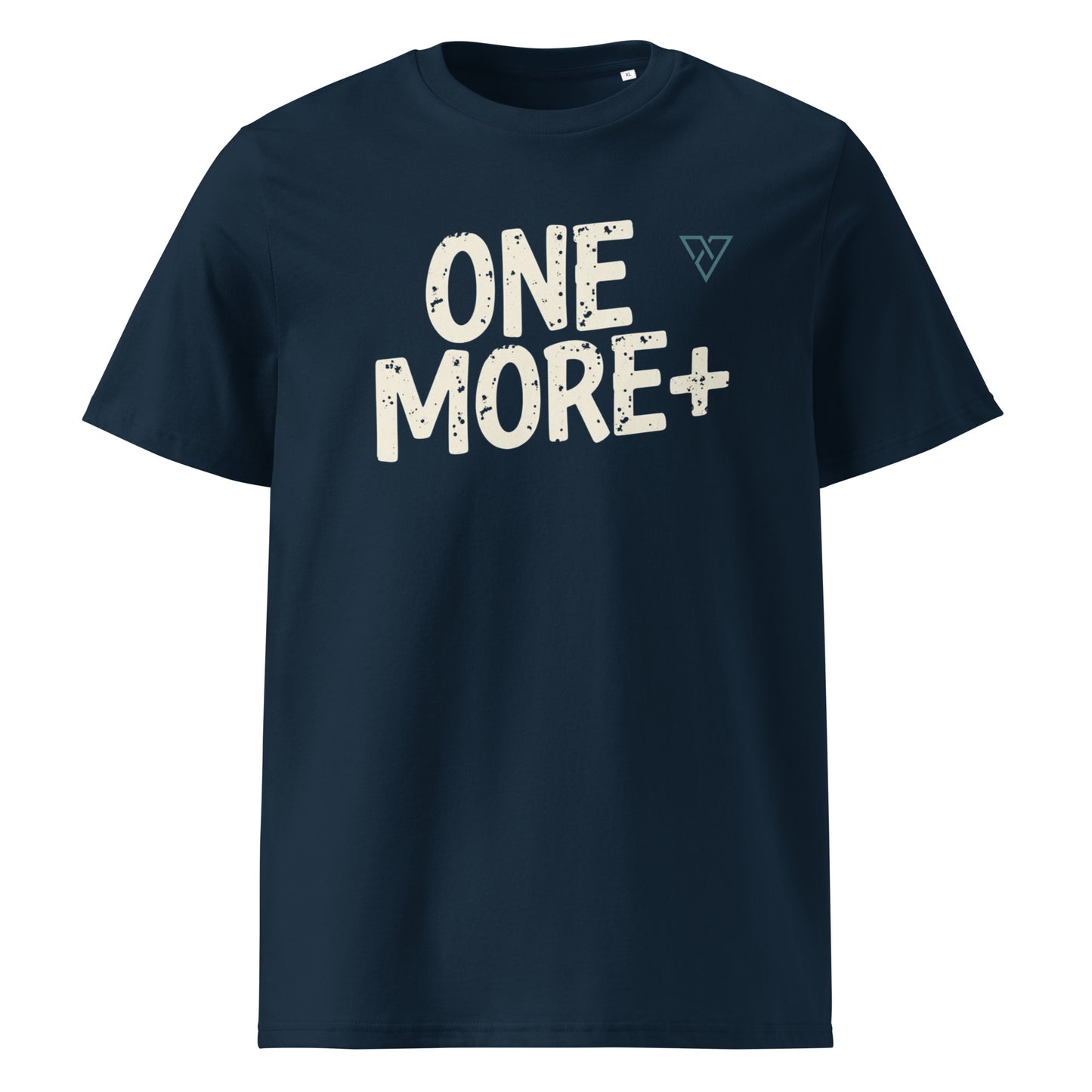navy One More Plus performance gym t-shirt front view with bold motivational text design