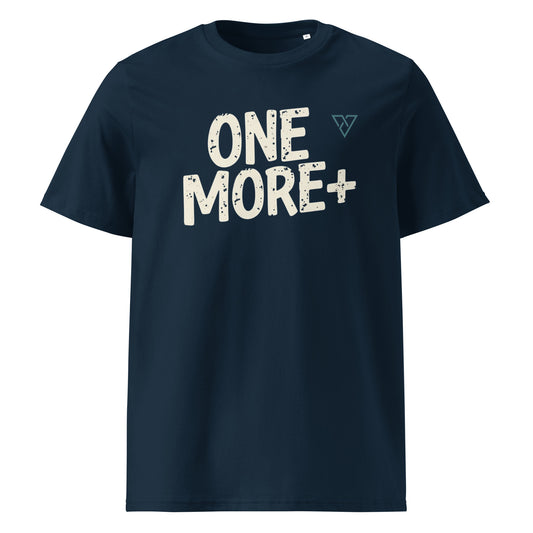 navy One More Plus performance gym t-shirt front view with bold motivational text design
