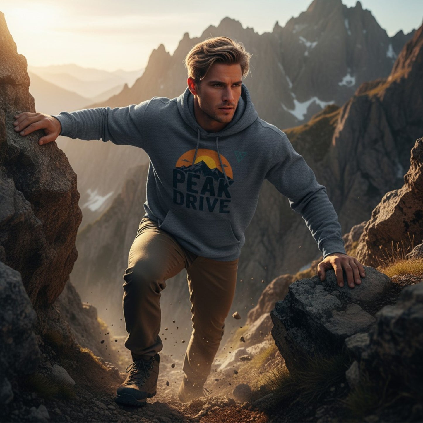 man climbing rocky mountain trail at sunset wearing dark blue PEAK DRIVE hoodie, HorizonVibe men’s outdoor lifestyle image, strong action and adventure vibe