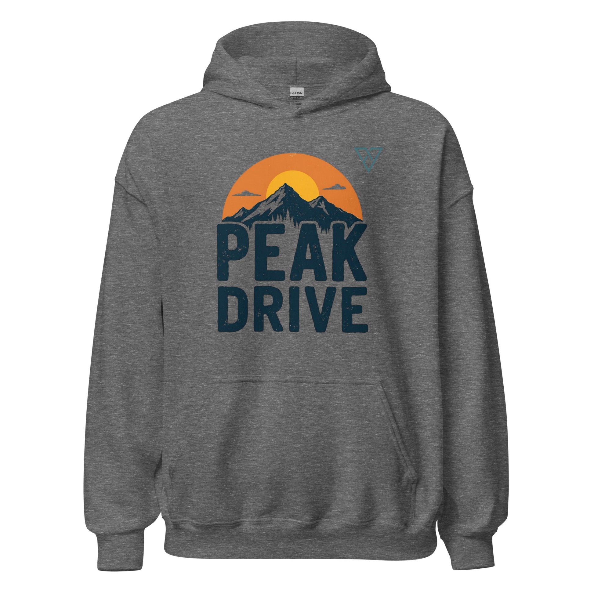 graphite grey hoodie with PEAK DRIVE mountain design, HorizonVibe men’s outdoor hoodie front view, minimalist adventure style