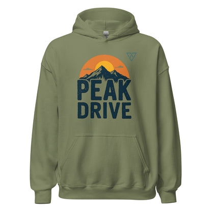 military green hoodie with PEAK DRIVE mountain design, HorizonVibe men’s outdoor hoodie front view, minimalist adventure style