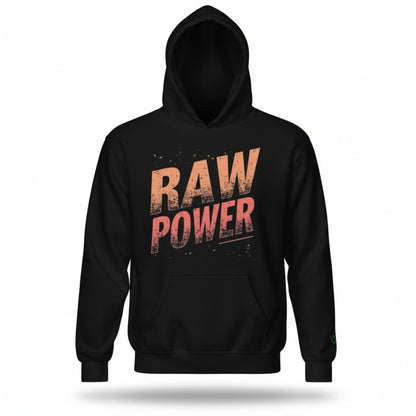 young athletic man leaving gym with duffel bag wearing black RAW POWER hoodie in neon-lit urban environment, front view hoodie clearly visible