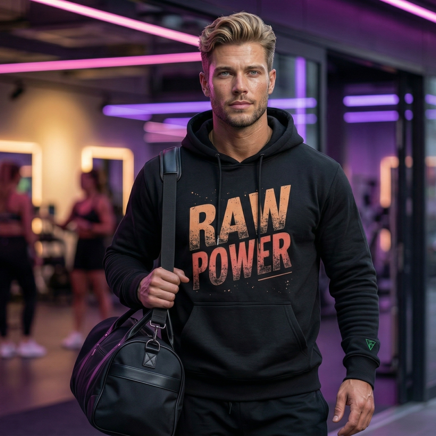 young athletic man leaving gym with duffel bag wearing black RAW POWER hoodie in neon-lit urban gym environment, hoodie clearly visible